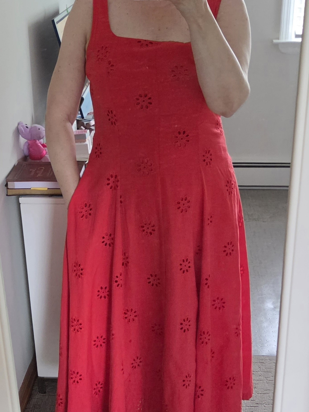 Sleeveless Red Eyelet Midi Dress with Square Neck (size L)